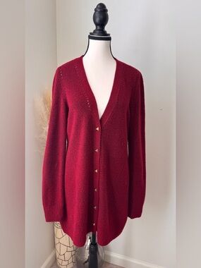 White House Black Market Burgundy V-Neck Gold Button Cardigan - L